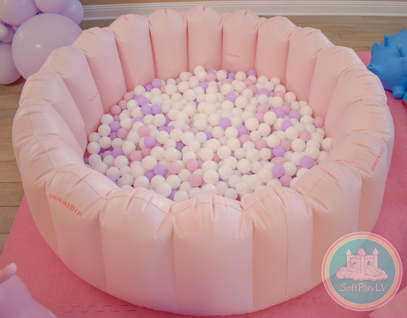 Seashell Ball Pit: 5.5 ft wide, 21 in tall, scalloped tuft inflatable ball pit. Your choice of play ball colors.