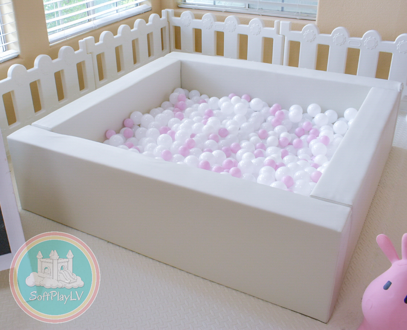 Square ball pits are available in 4'x4', 5'x5', and 6'x6' sizes.