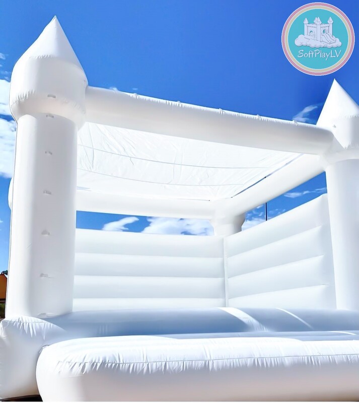 Our 17'x17' bounce house comes with a shaded roof and is great for bigger kids and adults!